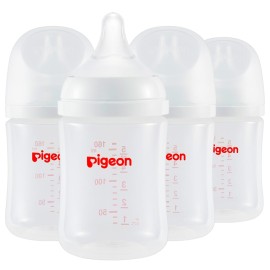 Pigeon PP Nursing Bottle Wide Neck, Anti-Colic, Streamlined Body, Natural Feel, Easy to Clean, 5 Oz (Pack of 4), Includes 4pcs SS Nipples (0m+)