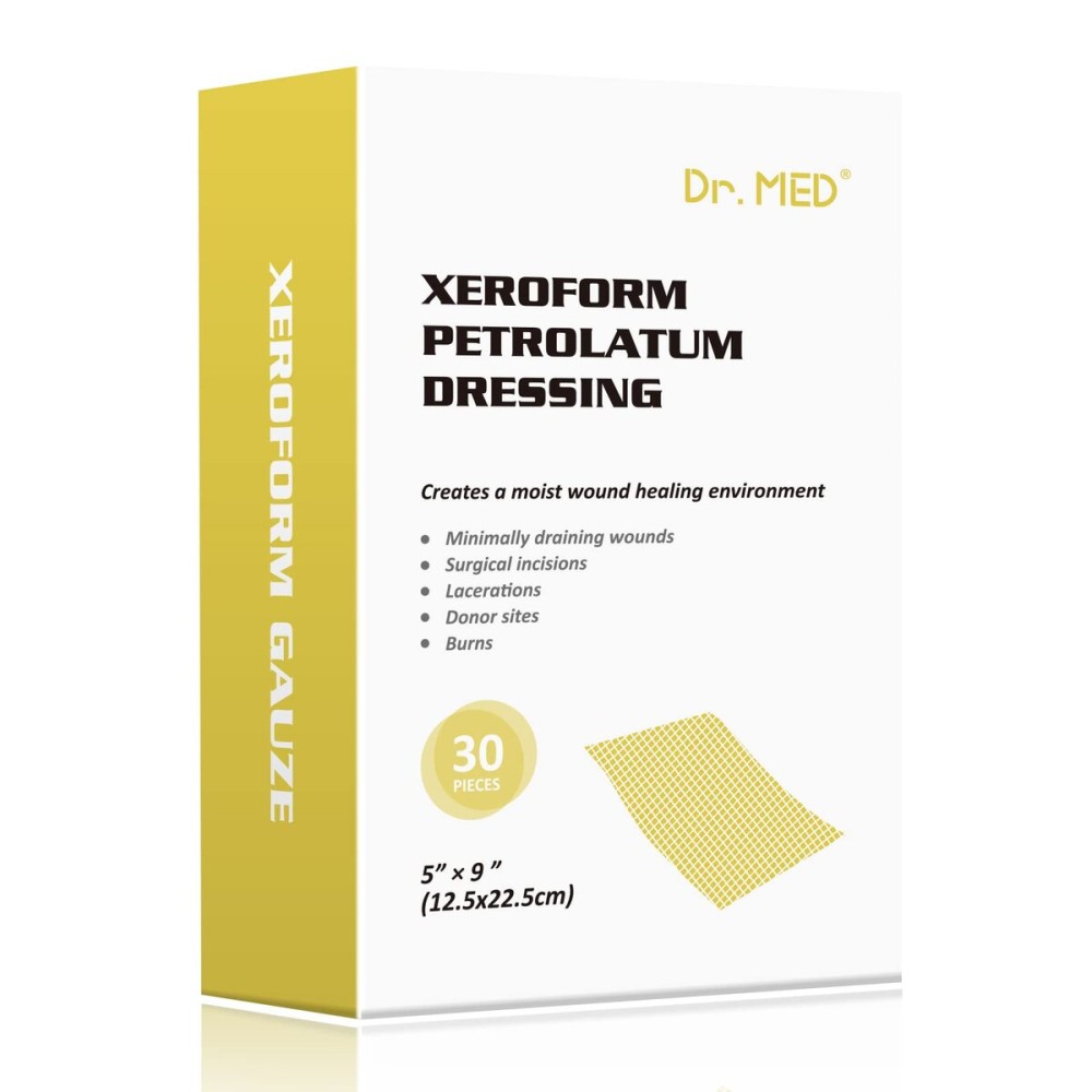 Dr.Med Xeroform Petrolatum Dressing Patch, 5x9-30 Pcs/Box, Non-Adherent Gauze Dressings, for Minor or Partial Thickness Burns, Lacerations, Skin Graft Recipient Sites, Newly Sutured Wounds