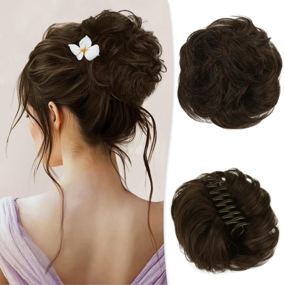 RUWISS Claw Clip Messy Bun Hair Piece Real Human Hair Buns Wavy Curly Chignon Hair Bun Extensions Tousled Updo Ponytail Hairpieces Hair Scrunchie with Clip for WomenBrown