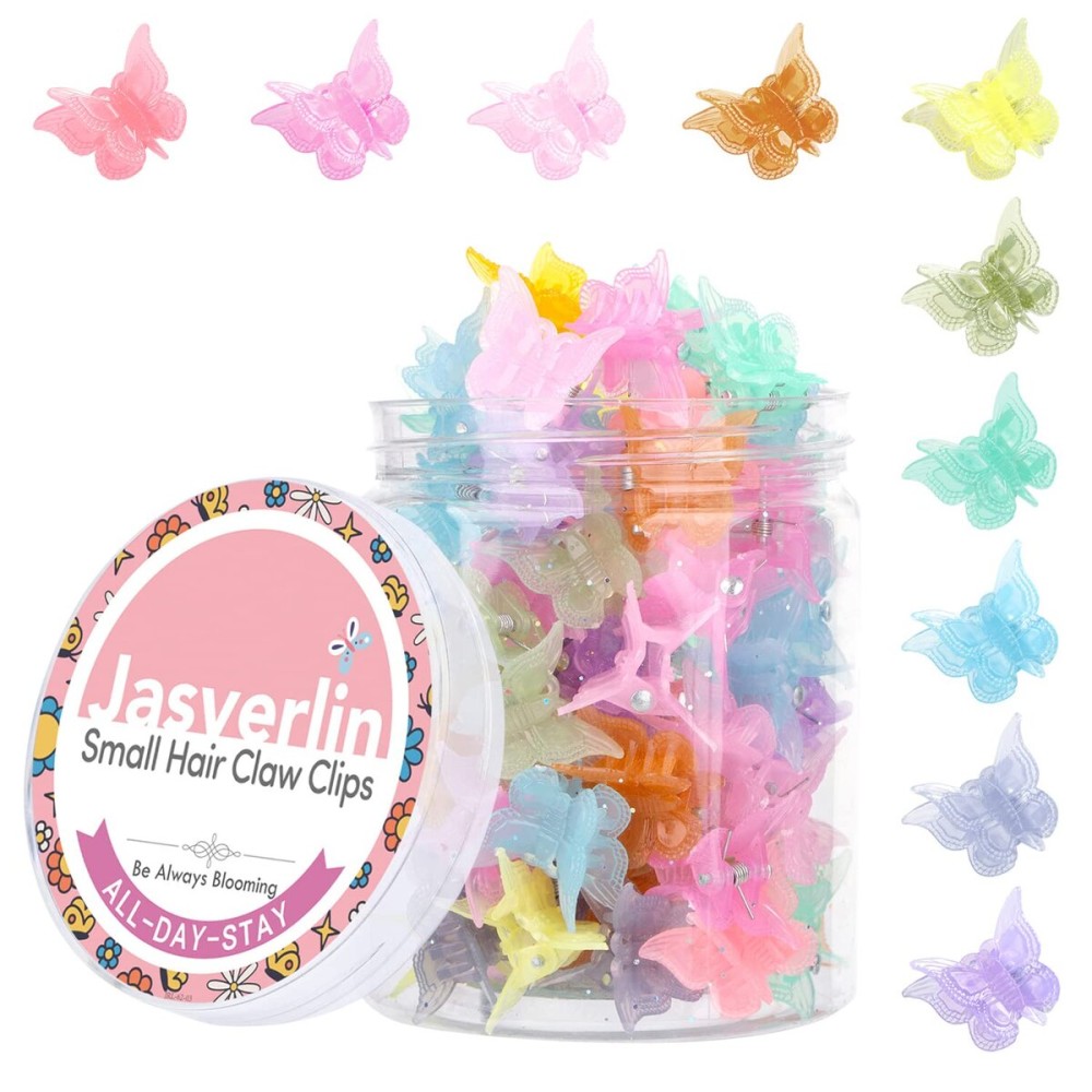 JASVERLIN Butterfly Clips for Hair 50pcs, Cute Mini Small Hair Accessories for Kids Toddler Girls Women 90s Y2K Colorful Pastel Clip Claw, 10 Colors (Jelly)