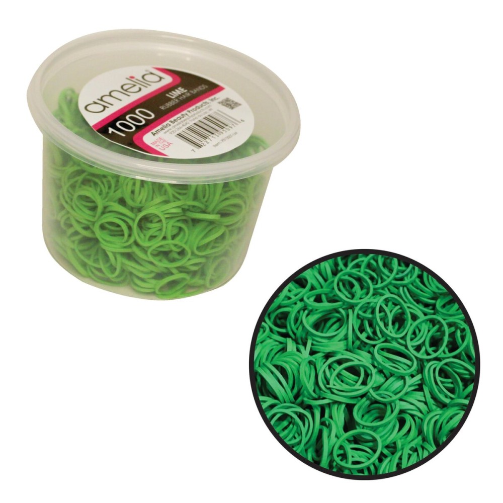 Amelia Beauty | 1000 Count 1/2 Rubber Bands | Premium US Made Rubber Hair Ties | Ideal for Ponytails, Braids & Beards | Strong All Day Hold | Convenient Re-closable Container | Lime