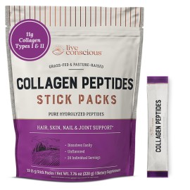 Live Conscious Collagen Peptides Powder Unflavored Packets - Hydrolyzed Collagen Powder - Hair, Skin, Nail, & Joint Support - Type I & III Grass-Fed Collagen Supplements for Women and Men - Pack of 20