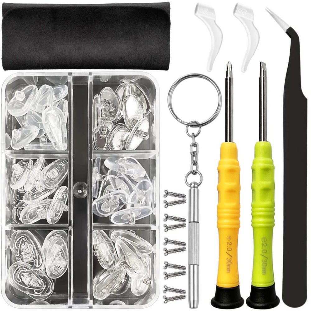 Eyeglass Nose Pads, GOTOBA 22 Pairs Screw-in Eyeglasses Nose Pads, Upgraded Glasses Nose Pad Replacement Kit with Eyeglass Screwdriver, Tweezers, Glasses Cloth, Small Screws.