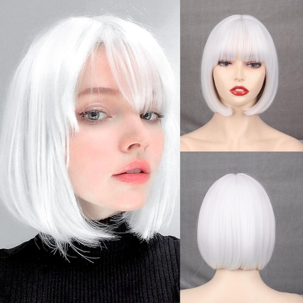 WERD Short White Bob Wig Bangs Straight White Wig for Women Natural Synthetic Short Wig Bangs for Daily Party Cosplay Halloween