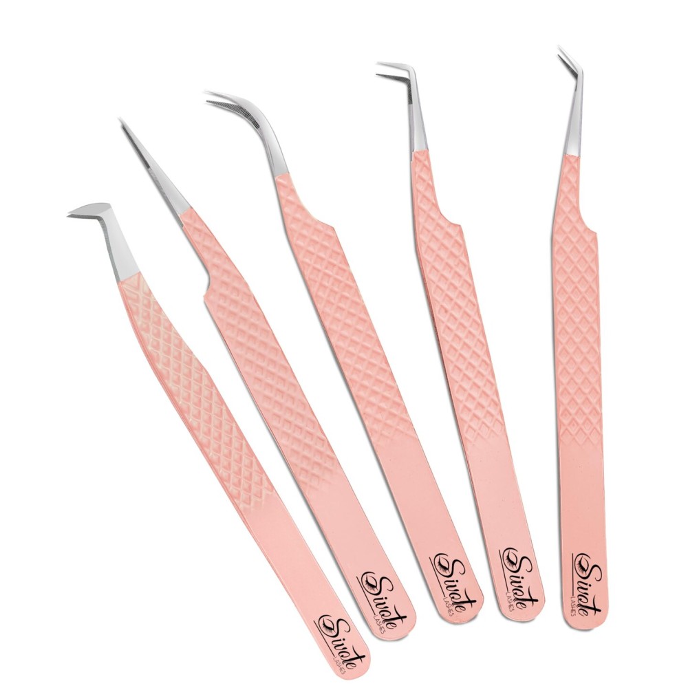 SIVOTE Lash Tweezers for Eyelash Extensions, Pack of 5 Peach - Lash Extension Tweezers Set with Diamond Grip, Precision Fiber Tip for Volume Eyelash Extensions