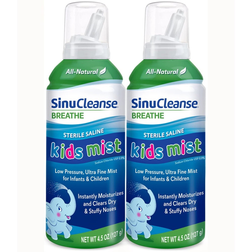 SinuCleanse Sterile Saline Kids Nasal Spray, Ultra Fine Mist, Instantly Moisturizes Dry, Stuffy Noses, Safe for Newborns & Up, 4.5 Oz (2 Pack), Made in USA