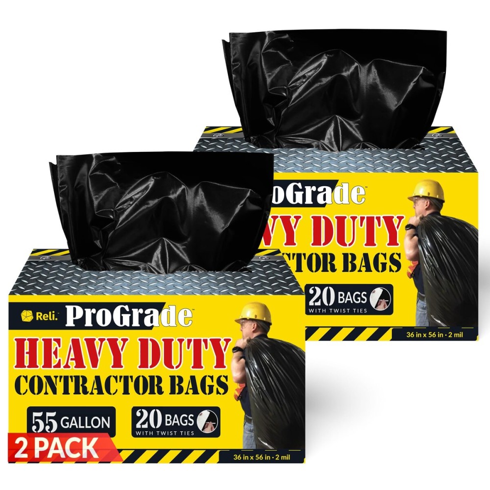 Reli. Contractor Garbage Bags 55 Gallon | 40 Trash Bags | Heavy Duty | Black Contractor
