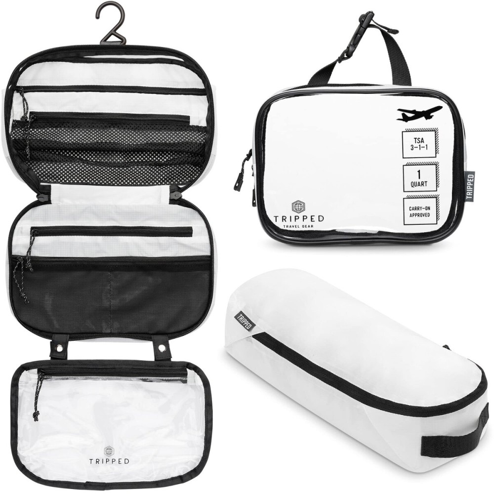 Toiletry Bag Kit Set: Hanging Travel Toiletry Bag + 311 TSA Cosmetic Liquid Bag + Ultralight Accessory Organizer Pouch (White Ripstop)