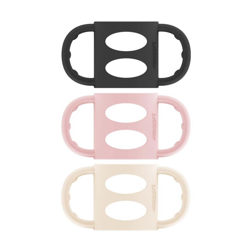 Dr. Brown\'s Narrow Baby Bottle Handles, 100% Silicone, Easy Grip Removable Handles for Bottle to Sippy Cup Transition, Black/Ecru/Pink, 3-Pack, 4m+