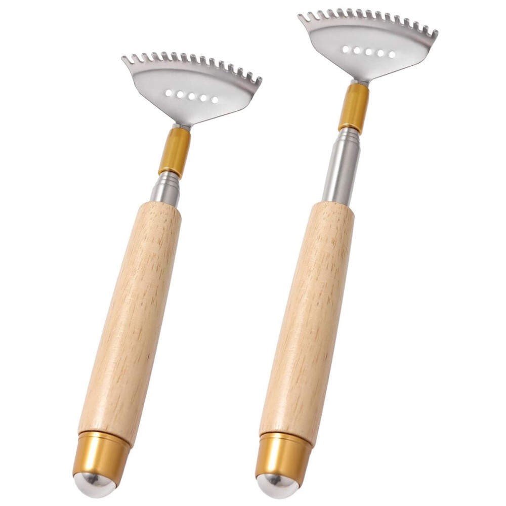 Aznrszy 2Pcs Back Scratchers, Metal Extendable BackScratchers for Adults Kids 2 Sizes Long 20 & 24 (Inches), Rake Claw/Wooden Handle/Massage Roller, Portable Head Body Scratcher Massagers
