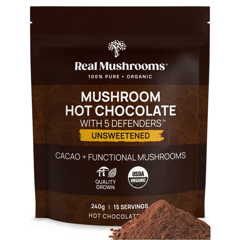 Real Mushrooms Unsweetened Hot Chocolate Mix with 5 Defenders - Reishi, Chaga, Turkey Tail, Maitake, Shiitake - Coco Powdered Unsweetened - Organic Cacao Powder Supplement, Vegan, 15 Servings