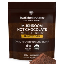 Real Mushrooms Unsweetened Hot Chocolate Mix with 5 Defenders - Reishi, Chaga, Turkey Tail, Maitake, Shiitake - Coco Powdered Unsweetened - Organic Cacao Powder Supplement, Vegan, 15 Servings
