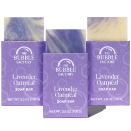 The Bubble Factory Handmade Natural Bath & Body Soap Bar, Vegan, All-Natural, Palm Oil Free, Made in USA with Shea Butter + Essential Oils, Lavender Oatmeal, 3 Bars