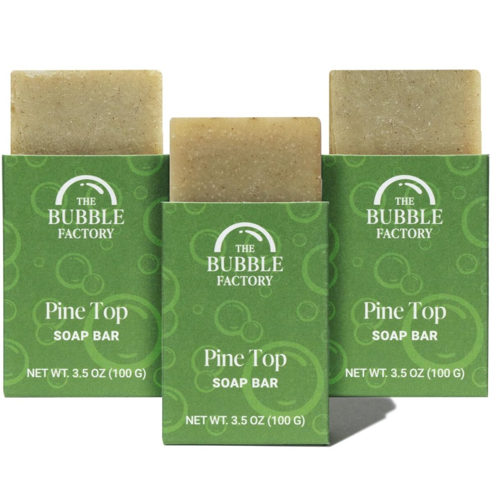 The Bubble Factory Handmade Natural Bath & Body Soap Bar, Vegan, All-Natural, Palm Oil Free, Made in USA with Shea Butter + Essential Oils, Pine Top, 3 Bars