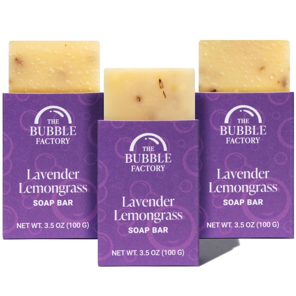 The Bubble Factory Handmade Natural Bath & Body Soap Bar, Vegan, All-Natural, Palm Oil Free, Made in USA with Shea Butter + Essential Oils, Lavender Lemongrass, 3 Bars