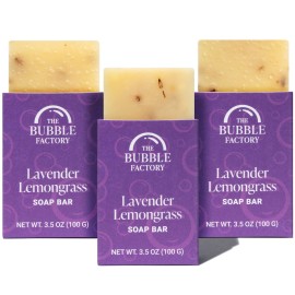 The Bubble Factory Handmade Natural Bath & Body Soap Bar, Vegan, All-Natural, Palm Oil Free, Made in USA with Shea Butter + Essential Oils, Lavender Lemongrass, 3 Bars