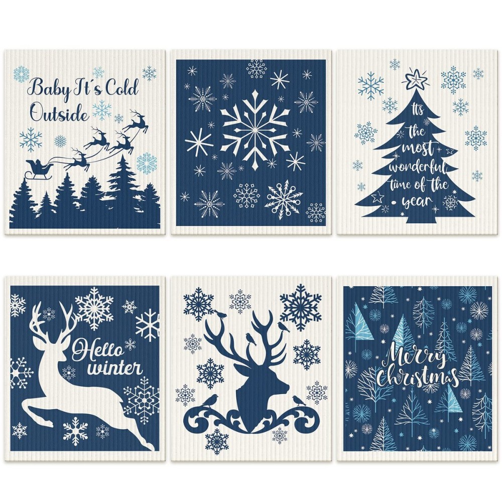 Cunhill 6 Pcs Swedish Kitchen Dish Cloths Kitchen Towels Reusable Sponge Cleaning Cloths Wipes Absorbent Dish Cloth Quick Drying Washable Decorative Tea Towels No Odor Bar Hand Towel (Blue Christmas)