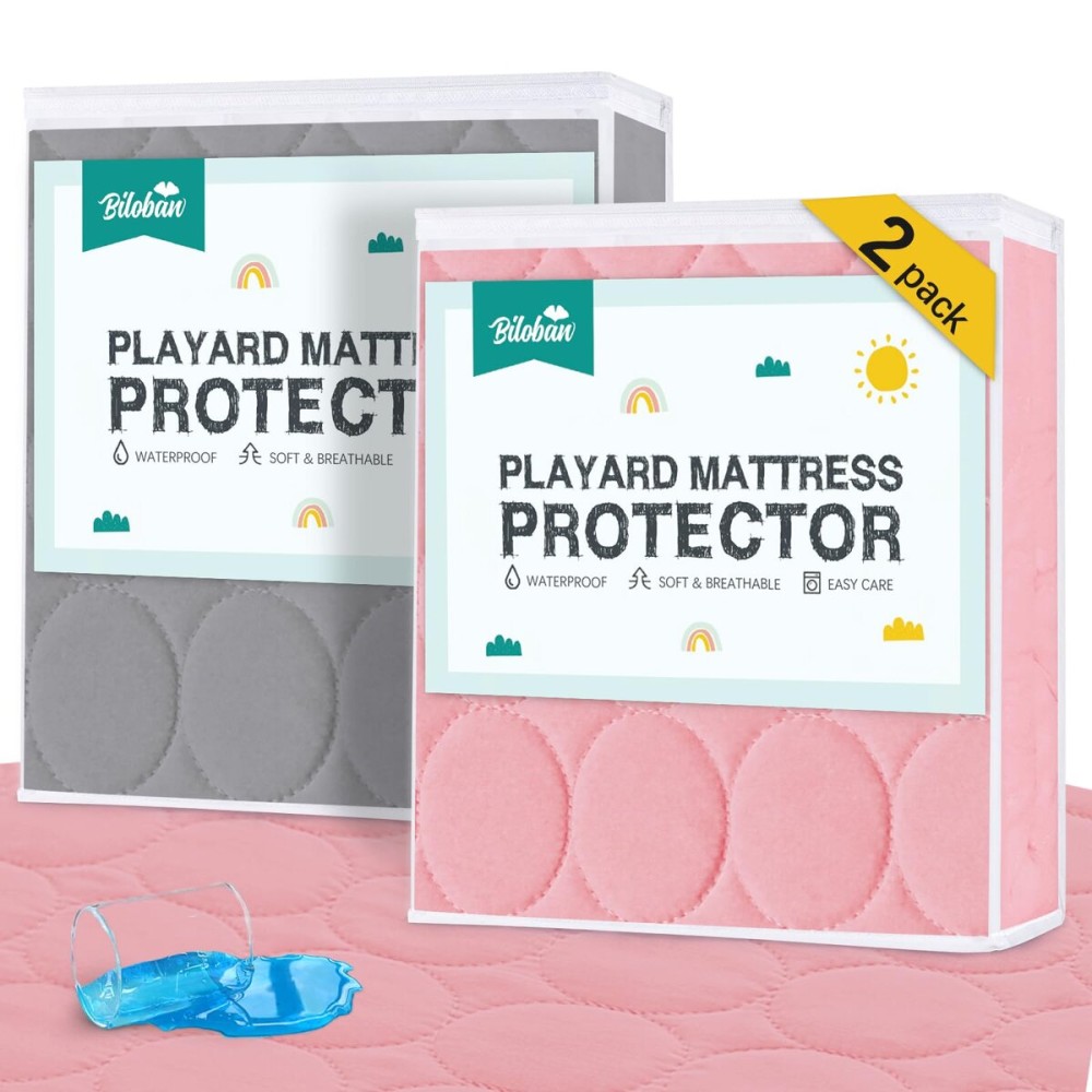 Pack and Play Protector Sheets Waterproof 2 Pack, Quilted Playard Mattress Pad Cover Fitted Fits for Graco Pack n Play Playard Mattress/Playpen Mattress, Gray & Pink, 39 x 27