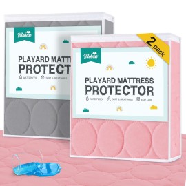 Pack and Play Protector Sheets Waterproof 2 Pack, Quilted Playard Mattress Pad Cover Fitted Fits for Graco Pack n Play Playard Mattress/Playpen Mattress, Gray & Pink, 39 x 27