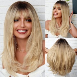 HAIRCUBE Ombre Blonde Long Straight Wig with Bangs Dark Root Long Hair With Bangs Natural Appearance Heat-resistant Synthetic Wig Daily Play Party Suitable For Fashionable Women 20Inches