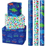 WRAPAHOLIC Dinosaur Wrapping Paper Roll - Mini Roll - 3 Rolls - 17 Inch X 120 Inch Per Roll - Happy Birthday Dinosaurs Design for Kids Birthday, Baby Shower