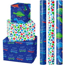 WRAPAHOLIC Dinosaur Wrapping Paper Roll - Mini Roll - 3 Rolls - 17 Inch X 120 Inch Per Roll - Happy Birthday Dinosaurs Design for Kids Birthday, Baby Shower
