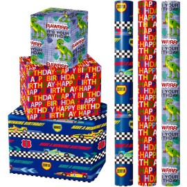 WRAPAHOLIC Birthday Wrapping Paper Roll - Mini Roll - 3 Rolls - 17 Inch X 120 Inch Per Roll - Dinosaurs and Racing Car for Kid\'s Birthday, Baby Shower