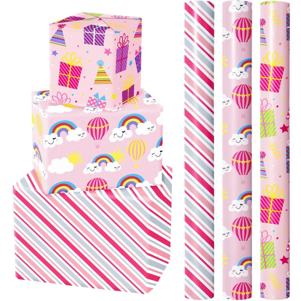 WRAPAHOLIC Birthday Wrapping Paper Roll - Mini Roll - 3 Rolls - 17 Inch X 120 Inch Per Roll - Pink Rainbow, Birthday Gift Boxes, Stripes for Kid\'s Birthday, Baby Shower