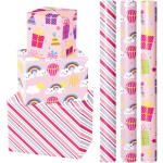 WRAPAHOLIC Birthday Wrapping Paper Roll - Mini Roll - 3 Rolls - 17 Inch X 120 Inch Per Roll - Pink Rainbow, Birthday Gift Boxes, Stripes for Kid\'s Birthday, Baby Shower