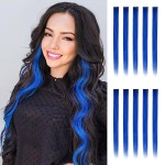 FESHFEN Colored Clip in Hair Extensions - 10 PCS Dark Blue Highlighted Hair Piece Straight Synthetic Clip in Hairpieces for Women 22 inch