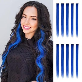 FESHFEN Colored Clip in Hair Extensions - 10 PCS Dark Blue Highlighted Hair Piece Straight Synthetic Clip in Hairpieces for Women 22 inch