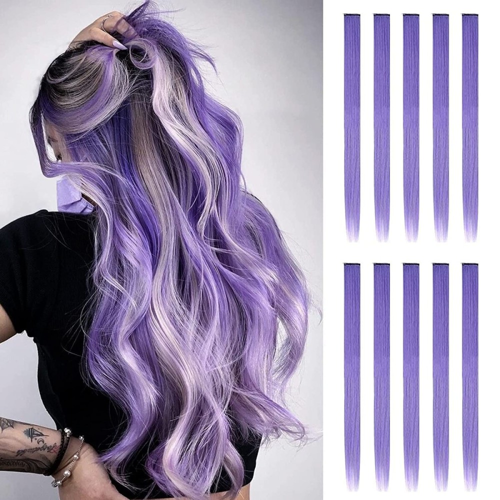 FESHFEN Colored Clip in Hair Extensions - 10 PCS Purple Highlighted Hair Piece Straight Synthetic Clip in Hairpieces for Women 22 inch