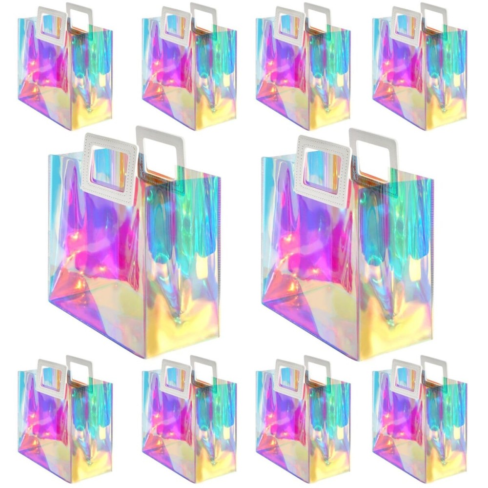 VUOJUR 10pcs Holographic Small Gift Bag 8.3x8x4\'\' Clear Reusable Birthday Gift Bag for Women Girls Iridescent Bachelorette Wedding Christmas with Handle