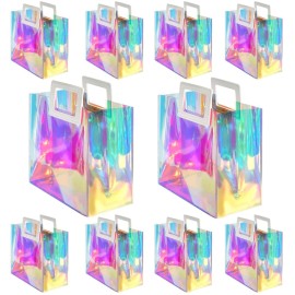 VUOJUR 10pcs Holographic Small Gift Bag 8.3x8x4\'\' Clear Reusable Birthday Gift Bag for Women Girls Iridescent Bachelorette Wedding Christmas with Handle