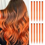 FESHFEN Colored Clip in Hair Extensions - 10 PCS Orange Highlighted Hair Piece Straight Synthetic Clip in Hairpieces for Women 22 inch