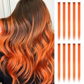 FESHFEN Colored Clip in Hair Extensions - 10 PCS Orange Highlighted Hair Piece Straight Synthetic Clip in Hairpieces for Women 22 inch