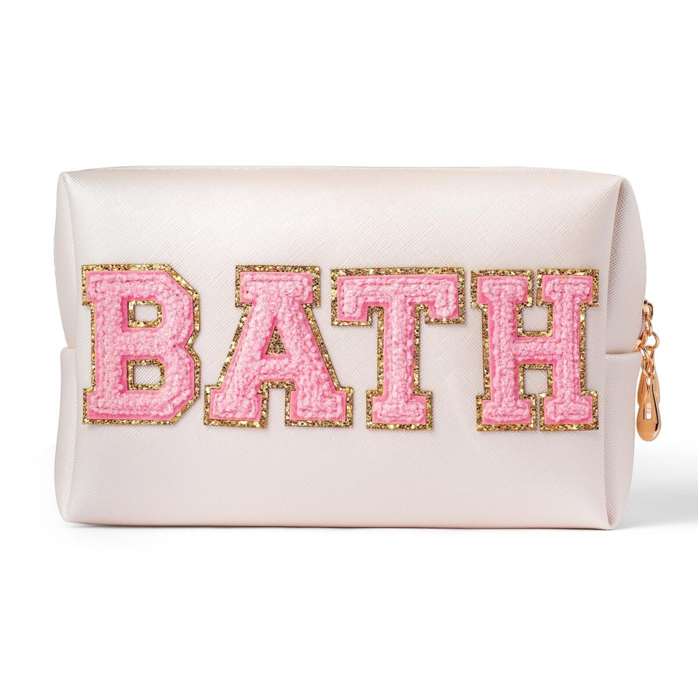 Y1tvei Preppy Patch BATH Letter Cosmetic Toiletry Bag PU Leather Portable Makeup Bag Sewn with Felt Varsity Letter Patches Waterproof Zipper Pouch Travel Organizer for Women Girls Teen(Shell Gold)