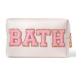 Y1tvei Preppy Patch BATH Letter Cosmetic Toiletry Bag PU Leather Portable Makeup Bag Sewn with Felt Varsity Letter Patches Waterproof Zipper Pouch Travel Organizer for Women Girls Teen(Shell Gold)