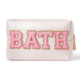 Y1tvei Preppy Patch BATH Letter Cosmetic Toiletry Bag PU Leather Portable Makeup Bag Sewn with Felt Varsity Letter Patches Waterproof Zipper Pouch Travel Organizer for Women Girls Teen(Shell Gold)