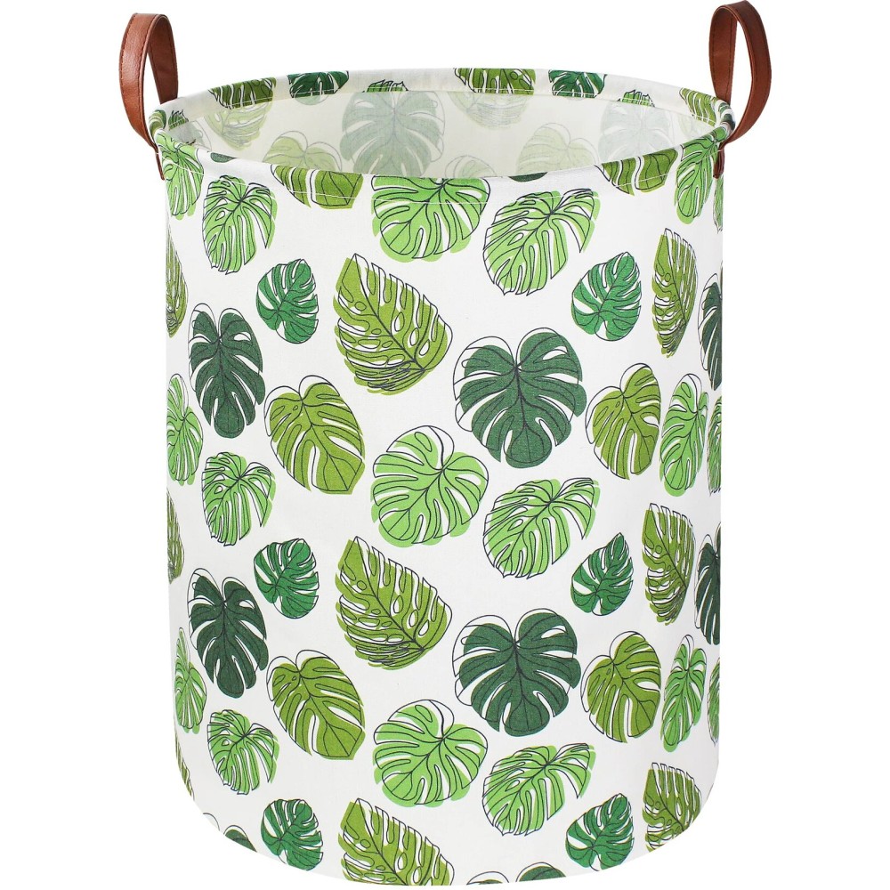 NTAOHAMPER Round Green Laundry Hamper, Jungle Themed Nursery Decor, Tropical Pattern Basket, Monstera Room Decor,Waterproof Storage Bin, Gift Basket(Leaf)