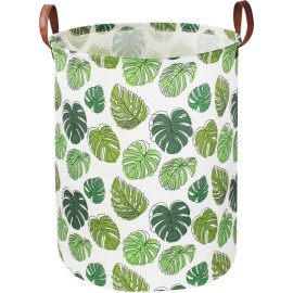 NTAOHAMPER Round Green Laundry Hamper, Jungle Themed Nursery Decor, Tropical Pattern Basket, Monstera Room Decor,Waterproof Storage Bin, Gift Basket(Leaf)
