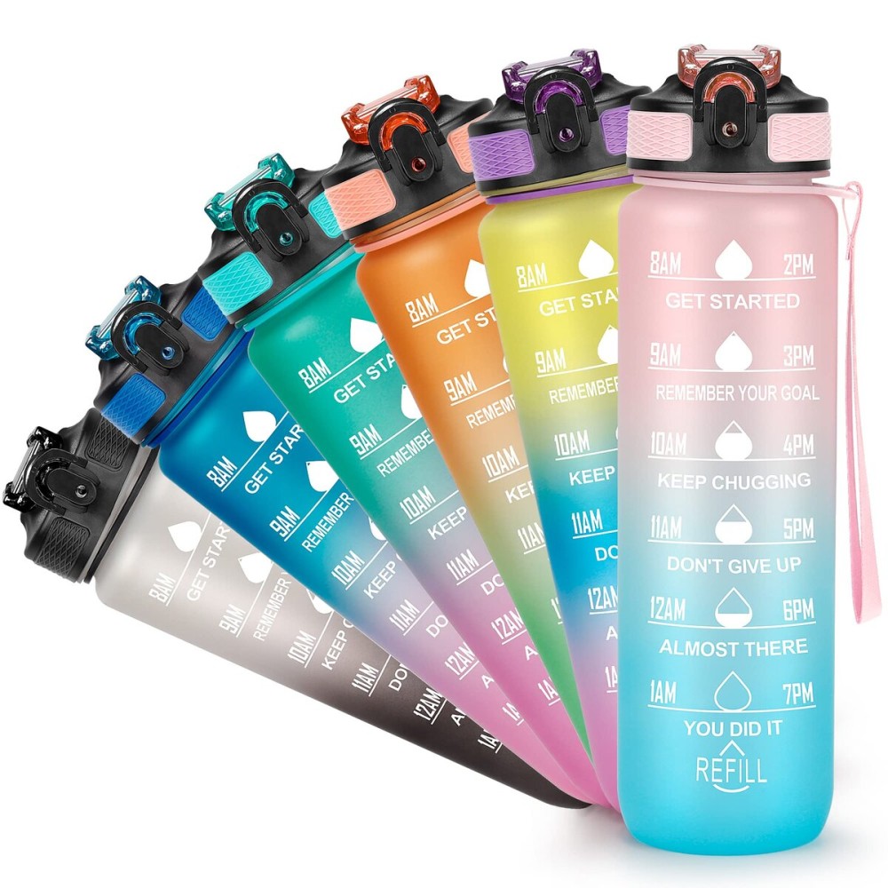 YC Kitchen Motivational Water Bottle with Time Marker - 32oz, Leak-proof BPA Free Sports Water Bottles with Straw & Carrying Strap