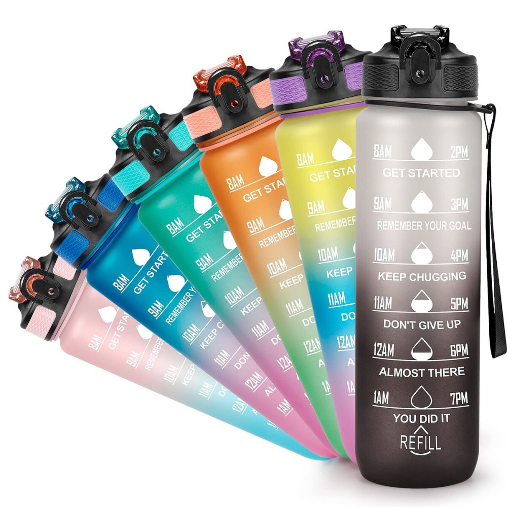 YC Kitchen Motivational Water Bottle with Time Marker - 32oz, Leak-proof BPA Free Sports Water Bottles with Straw & Carrying Strap