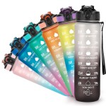 YC Kitchen Motivational Water Bottle with Time Marker - 32oz, Leak-proof BPA Free Sports Water Bottles with Straw & Carrying Strap