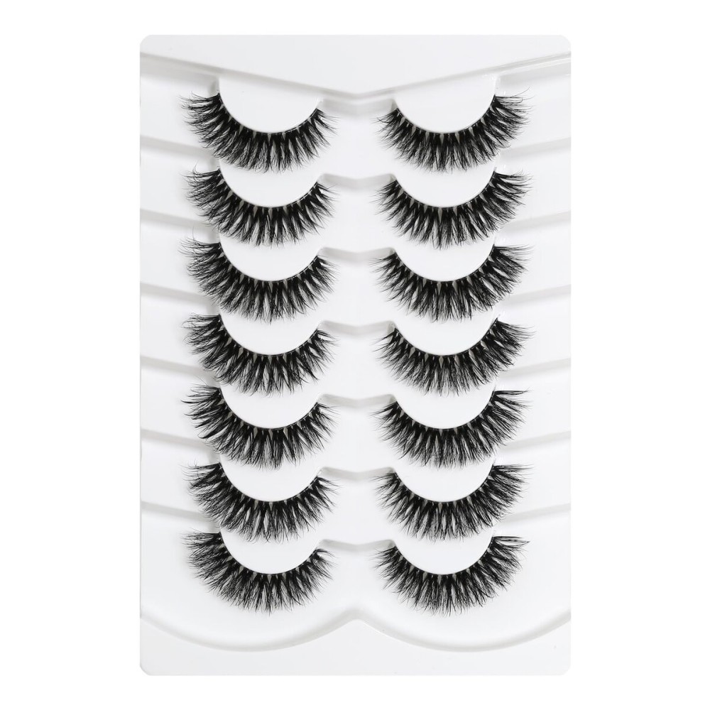 Happy Heartbeat 3D Clear Band Lashes Natural Volume Soft Faux Mink Lashes D Curl Cat Eye Wispy Fake Eyelashes Short Cross Reusable False EyeLashes 7 Pairs (No.197)