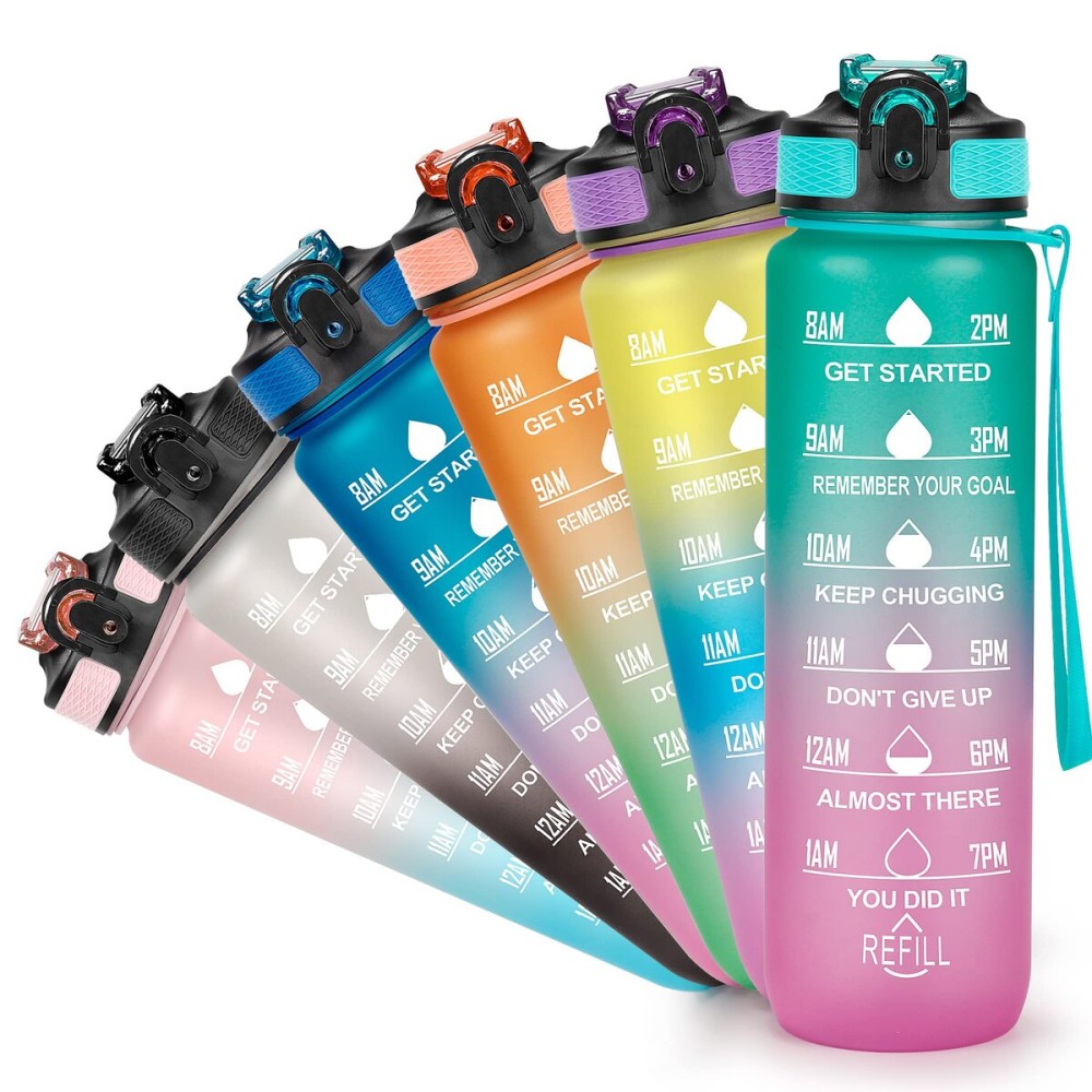 YC Kitchen Motivational Water Bottle with Time Marker - 32oz, Leak-proof BPA Free Sports Water Bottles with Straw & Carrying Strap