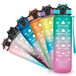 YC Kitchen Motivational Water Bottle with Time Marker - 32oz, Leak-proof BPA Free Sports Water Bottles with Straw & Carrying Strap