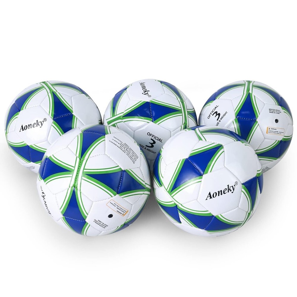 Aoneky 5-Pack Size 3 Soccer Ball - Eco-Friendly 2.5mm PVC Leather, Durable Machine-Stitched Design, Ball Pump Included