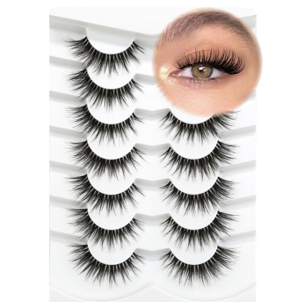 Happy Heartbeat 3D Clear Band Lashes 14mm Natural Soft Faux Mink Lashes C/D Curl Cat Eye Wispy Fake Eyelashes Short Cross Reusable False EyeLashes 7 Pairs (No.219)