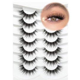 Happy Heartbeat 3D Clear Band Lashes 14mm Natural Soft Faux Mink Lashes C/D Curl Cat Eye Wispy Fake Eyelashes Short Cross Reusable False EyeLashes 7 Pairs (No.219)